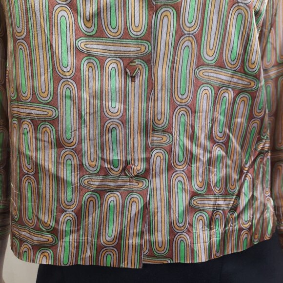 Vintage 1940s Shiny Rayon Blouse Abstract Print Button Front Brown Green Size S - Picture 4 of 11